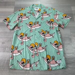 Duvin Shirt Mens Small Green Flamingo Hawaiian Short Sleeve Button Up Casual